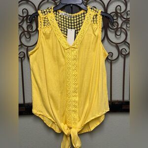 All in Love yellow sleeveless embroidered vneck top